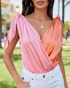 STRU-001 Both Worlds Satin Drape Tie Bodysuit - Pink Tangerine - FINAL SALE -clothes Sales ViciMiami341
