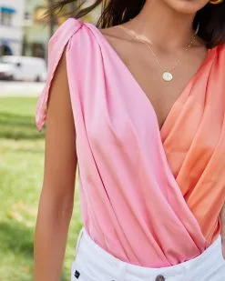 STRU-001 Both Worlds Satin Drape Tie Bodysuit - Pink Tangerine - FINAL SALE -clothes Sales ViciMiami342