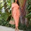 Top Secret Ribbed Off The Shoulder Dress - Tangerine - FINAL SALE