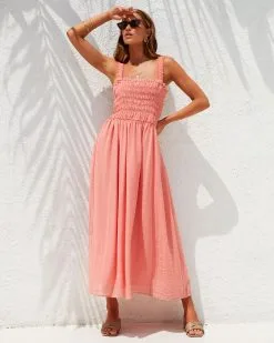 Watch Me Work Smocked Midi Dress - Coral -clothes Sales Watchmeworksmockedmididdresscoral417