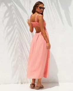 Watch Me Work Smocked Midi Dress - Coral -clothes Sales Watchmeworksmockedmididdresscoral442