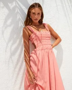 Watch Me Work Smocked Midi Dress - Coral -clothes Sales Watchmeworksmockedmididdresscoral478