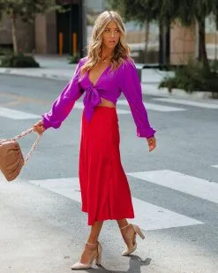 OLIA-001 Wishful Satin Slit Midi Skirt - Red - FINAL SALE -clothes Sales Wishfulsatinslitmidiskirt red202