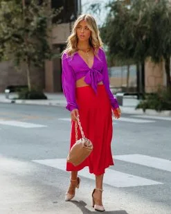 OLIA-001 Wishful Satin Slit Midi Skirt - Red - FINAL SALE -clothes Sales Wishfulsatinslitmidiskirt red222