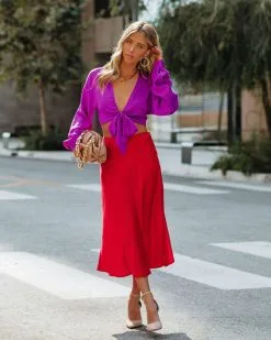 OLIA-001 Wishful Satin Slit Midi Skirt - Red - FINAL SALE -clothes Sales Wishfulsatinslitmidiskirt red25