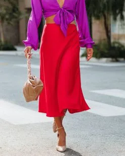 OLIA-001 Wishful Satin Slit Midi Skirt - Red - FINAL SALE -clothes Sales Wishfulsatinslitmidiskirt red42