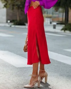 OLIA-001 Wishful Satin Slit Midi Skirt - Red - FINAL SALE -clothes Sales Wishfulsatinslitmidiskirt red93