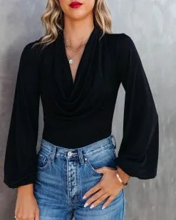 SKYL-002 You Go Girl Cowl Neck Drape Bodysuit - Black - FINAL SALE