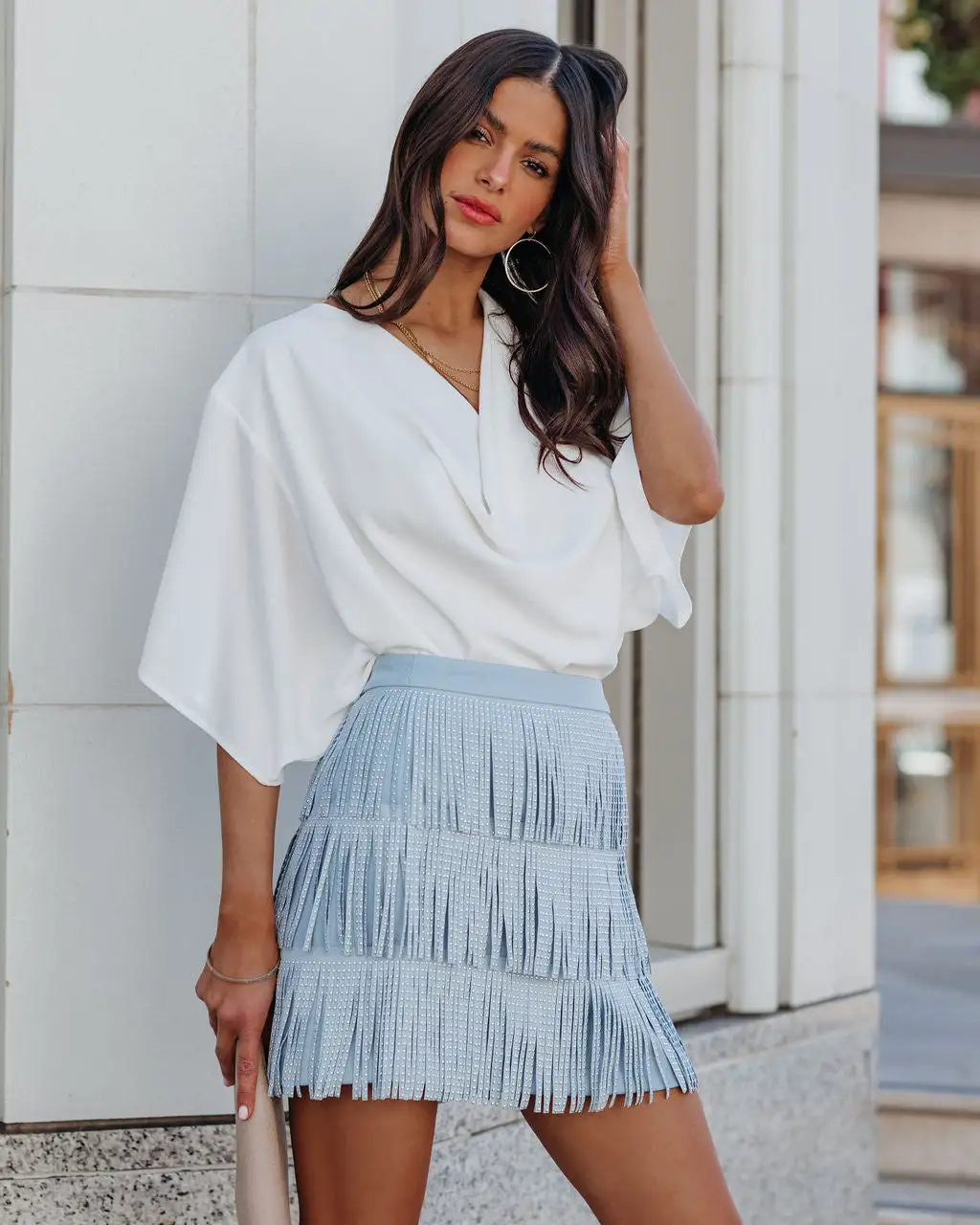 ENDL-001 Zoie Studded Fringe Mini Skirt - Blue - SALE 1 ENDL-001 Zoie Studded Fringe Mini Skirt - Blue - SALE