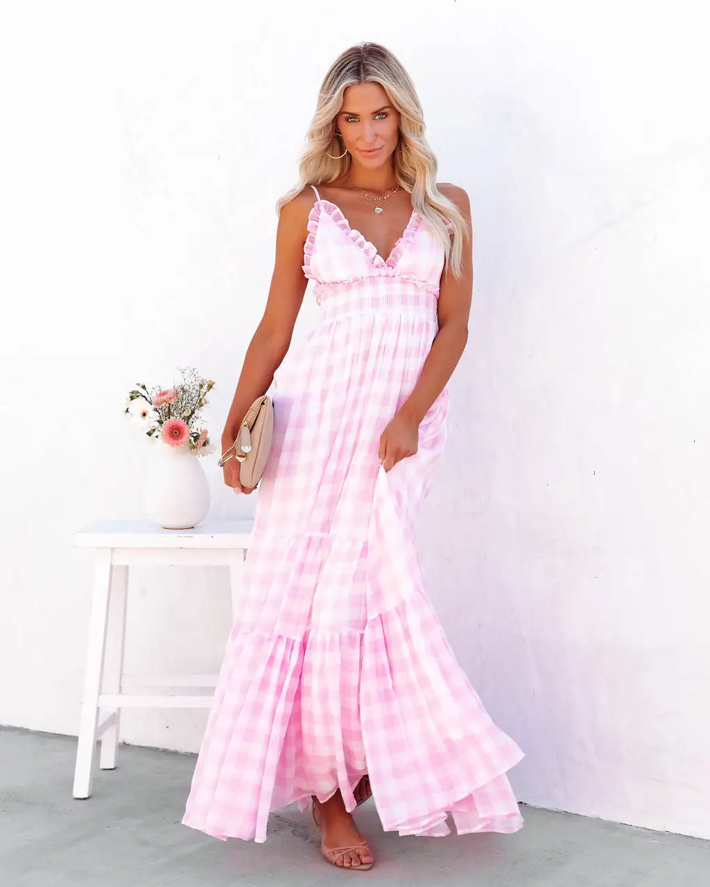 MABL-001 Adore You Gingham Ruffle Maxi Dress - Pink - LAST CHANCE 8 MABL-001 Adore You Gingham Ruffle Maxi Dress - Pink - LAST CHANCE - Image 8
