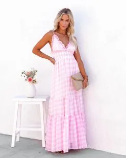 MABL-001 Adore You Gingham Ruffle Maxi Dress - Pink - LAST CHANCE