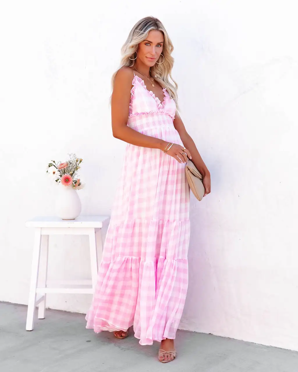 MABL-001 Adore You Gingham Ruffle Maxi Dress - Pink - LAST CHANCE 3 MABL-001 Adore You Gingham Ruffle Maxi Dress - Pink - LAST CHANCE - Image 3
