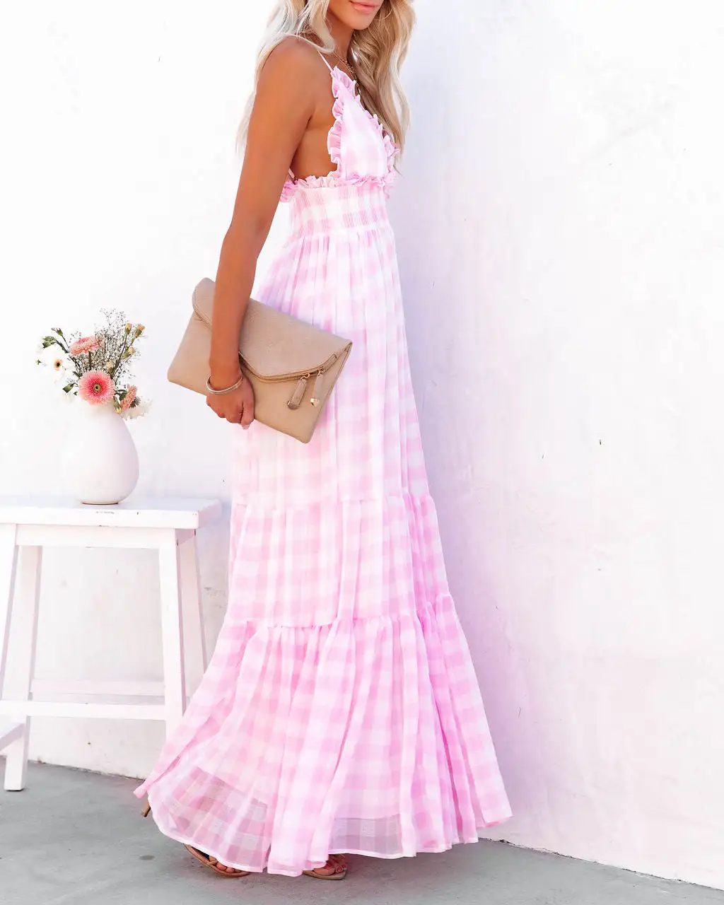 MABL-001 Adore You Gingham Ruffle Maxi Dress - Pink - LAST CHANCE 9 MABL-001 Adore You Gingham Ruffle Maxi Dress - Pink - LAST CHANCE - Image 9