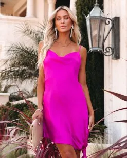 Affair Of The Heart Satin Sash Slip Dress - Fuchsia - LAST CHANCE