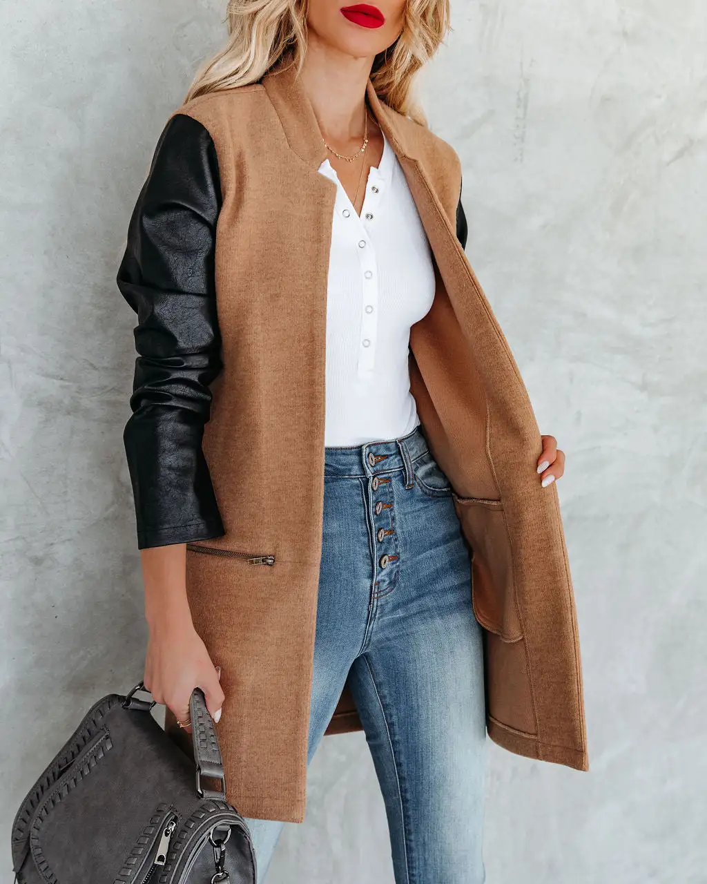 Aisley Pocketed Faux Leather Coat - Camel - FINAL SALE 3 Aisley Pocketed Faux Leather Coat - Camel - FINAL SALE - Image 3