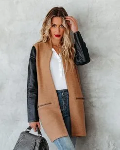 Aisley Pocketed Faux Leather Coat - Camel - FINAL SALE