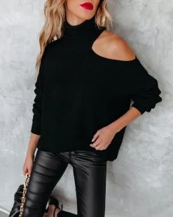 &MER-001 A La Mode Cutout Turtleneck Knit Sweater - Black - FINAL SALE -clothes Sales alamodecutoutturtleneckknitsweaterblack30
