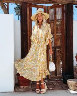Alianna Floral Ruffle Midi Dress - Lemon - FINAL SALE