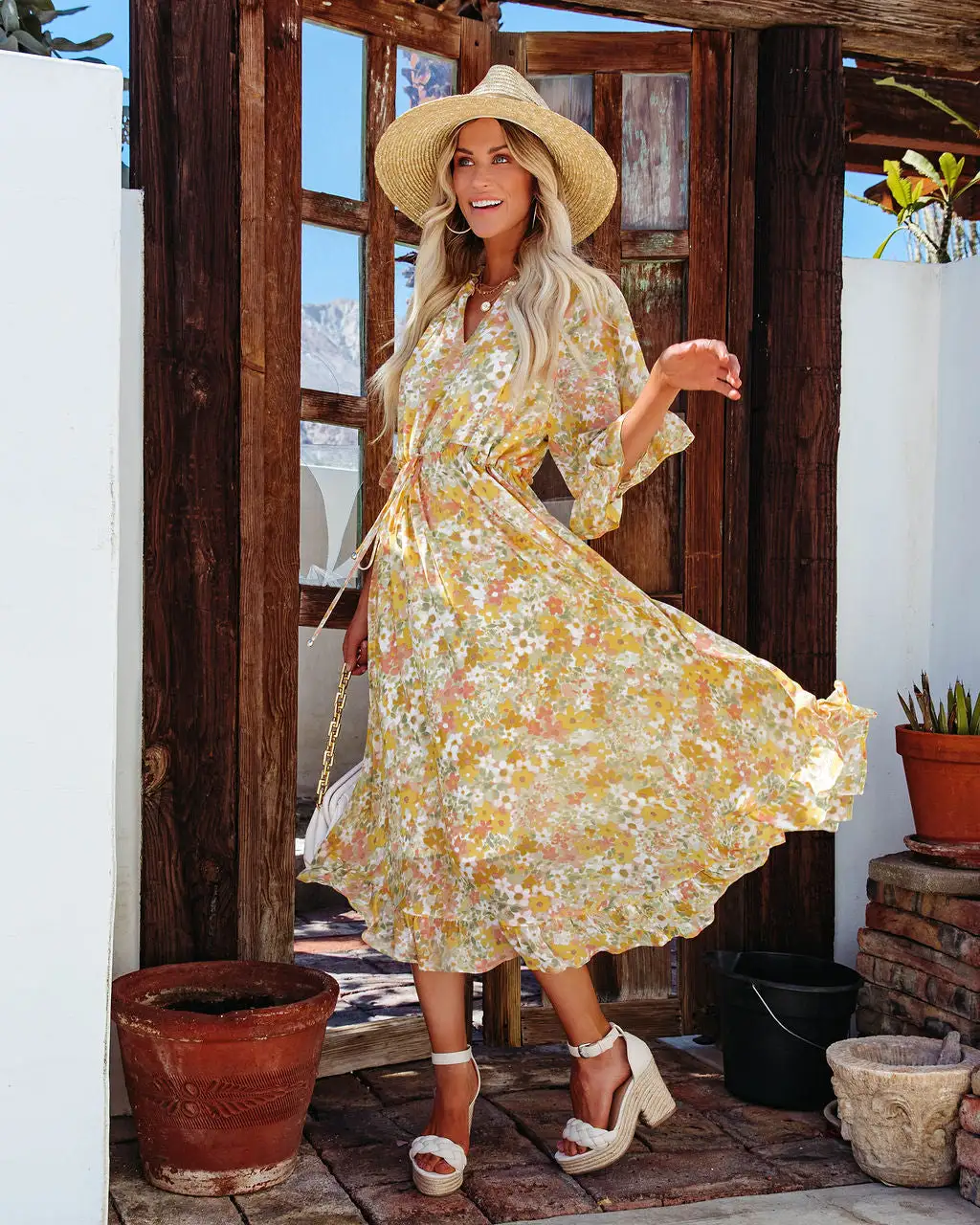 Alianna Floral Ruffle Midi Dress - Lemon - FINAL SALE 8 Alianna Floral Ruffle Midi Dress - Lemon - FINAL SALE - Image 8