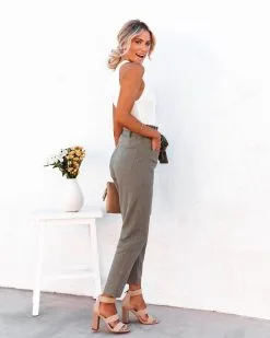 TEA-002 Alix Cotton Blend Pocketed High Rise Tie Pants - Olive - LAST CHANCE -clothes Sales alixcottonblendpocketedhighrisetiepantsolive28