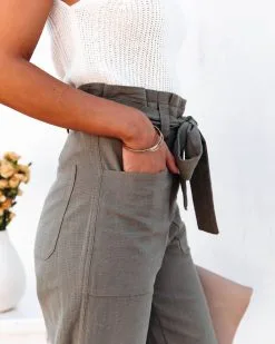 TEA-002 Alix Cotton Blend Pocketed High Rise Tie Pants - Olive - LAST CHANCE -clothes Sales alixcottonblendpocketedhighrisetiepantsolive62