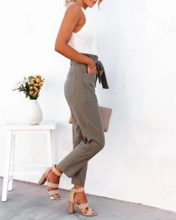 TEA-002 Alix Cotton Blend Pocketed High Rise Tie Pants - Olive - LAST CHANCE -clothes Sales alixcottonblendpocketedhighrisetiepantsolive68