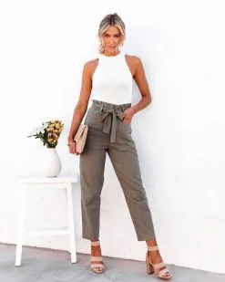 TEA-002 Alix Cotton Blend Pocketed High Rise Tie Pants - Olive - LAST CHANCE