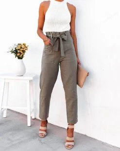 TEA-002 Alix Cotton Blend Pocketed High Rise Tie Pants - Olive - LAST CHANCE -clothes Sales alixcottonblendpocketedhighrisetiepantsolive73