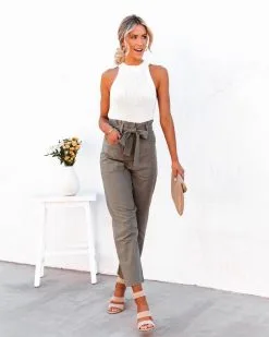 TEA-002 Alix Cotton Blend Pocketed High Rise Tie Pants - Olive - LAST CHANCE -clothes Sales alixcottonblendpocketedhighrisetiepantsolive80