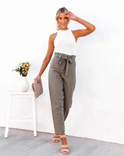 TEA-002 Alix Cotton Blend Pocketed High Rise Tie Pants - Olive - LAST CHANCE -clothes Sales alixcottonblendpocketedhighrisetiepantsolive94