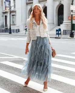 STRU-001 Allegro Ruffle Tulle Midi Skirt - Grey Blue - FINAL SALE