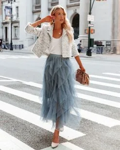 STRU-001 Allegro Ruffle Tulle Midi Skirt - Grey Blue - FINAL SALE -clothes Sales allegroruffletullemidiskirtgreyblueandleightontweedcropjacket53