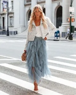 STRU-001 Allegro Ruffle Tulle Midi Skirt - Grey Blue - FINAL SALE -clothes Sales allegroruffletullemidiskirtgreyblueandleightontweedcropjacket8