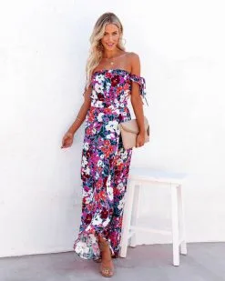 OLIV-001 All The Flowers Off The Shoulder Maxi Dress - Orange Lavender - FINAL SALE -clothes Sales alltheflowersofftheshouldermaxidressorangelavender24