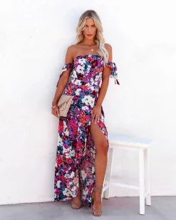 OLIV-001 All The Flowers Off The Shoulder Maxi Dress - Orange Lavender - FINAL SALE