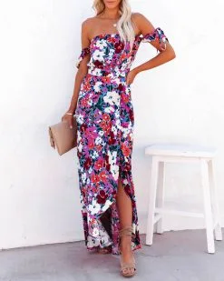 OLIV-001 All The Flowers Off The Shoulder Maxi Dress - Orange Lavender - FINAL SALE -clothes Sales alltheflowersofftheshouldermaxidressorangelavender90