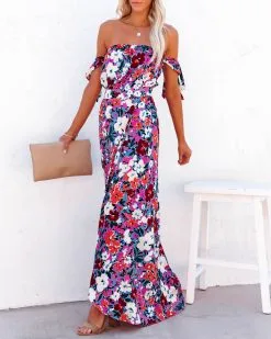 OLIV-001 All The Flowers Off The Shoulder Maxi Dress - Orange Lavender - FINAL SALE -clothes Sales alltheflowersofftheshouldermaxidressorangelavender93