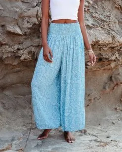 Amaya Printed Smocked Wide Leg Pants - Blue - SALE