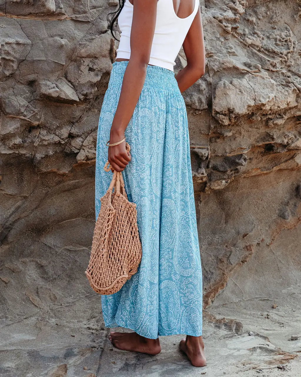 Amaya Printed Smocked Wide Leg Pants - Blue - SALE 4 Amaya Printed Smocked Wide Leg Pants - Blue - SALE - Image 4