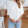 Ambie Smocked Wide Sleeve Top - White - SALE