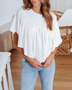 Ambie Smocked Wide Sleeve Top - White - SALE