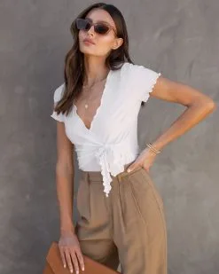 BLUE-001 Andrea Ribbed Lettuce Hem Bodysuit - White - SALE