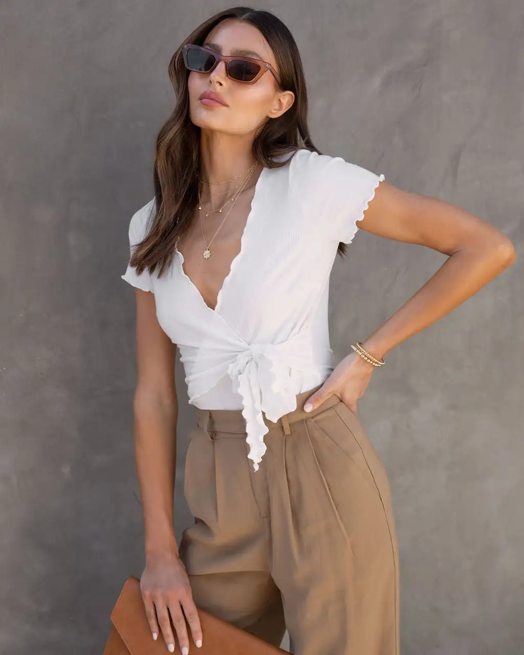 BLUE-001 Andrea Ribbed Lettuce Hem Bodysuit - White - SALE 1 BLUE-001 Andrea Ribbed Lettuce Hem Bodysuit - White - SALE