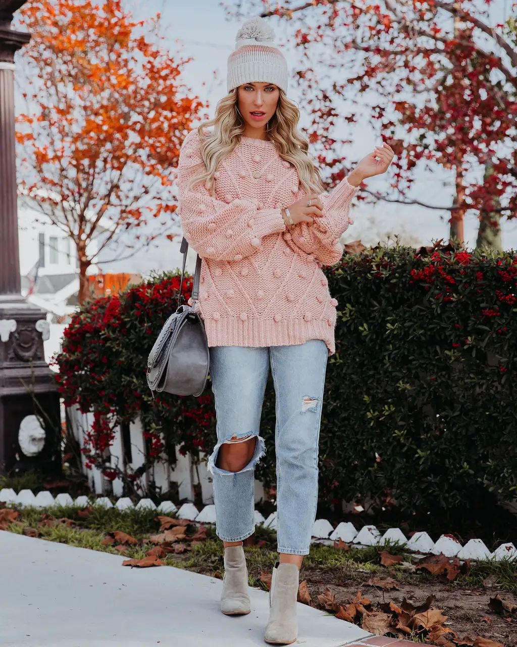 Angel Aura Relaxed Knit Pom Sweater - Blush - FINAL SALE 5 Angel Aura Relaxed Knit Pom Sweater - Blush - FINAL SALE - Image 5