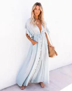 FLAW-001 Anika Pocketed Button Down Ruffle Maxi Dress - Waterlily - FINAL SALE