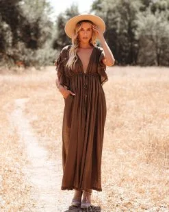 Anika Pocketed Button Down Ruffle Maxi Dress - Brown - FINAL SALE -clothes Sales anikapocketedbuttondownrufflemaxidressbrown2