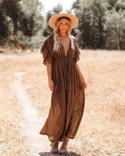 Anika Pocketed Button Down Ruffle Maxi Dress - Brown - FINAL SALE