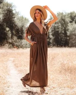 Anika Pocketed Button Down Ruffle Maxi Dress - Brown - FINAL SALE -clothes Sales anikapocketedbuttondownrufflemaxidressbrown52