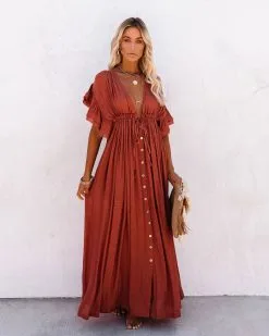 Anika Pocketed Button Down Ruffle Maxi Dress - Terracotta - FINAL SALE