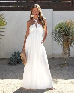 Asteria Pocketed Halter Maxi Dress - White - SALE